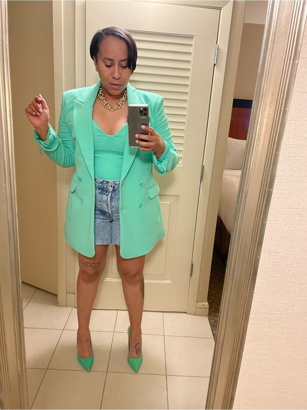 Express Double-Breasted Green Blazer & Body Suit